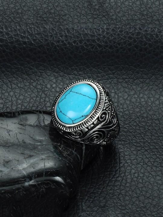 Silver-Plated Blue Stone Studded Oxidized Ring