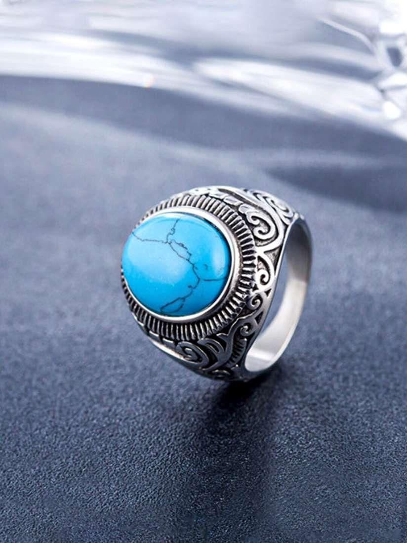 Silver-Plated Blue Stone Studded Oxidized Ring