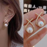 Studded Cross Pearl Stud Earrings For Women And Girls