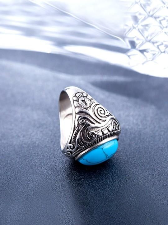 Silver-Plated Blue Stone Studded Oxidized Ring