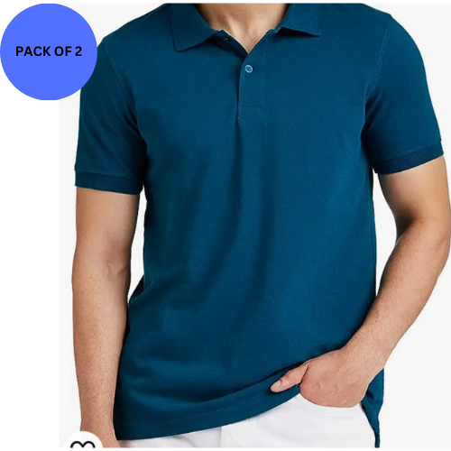 Men Solid Polo Neck Poly Cotton Blue T-Shirt (Pack of 2)