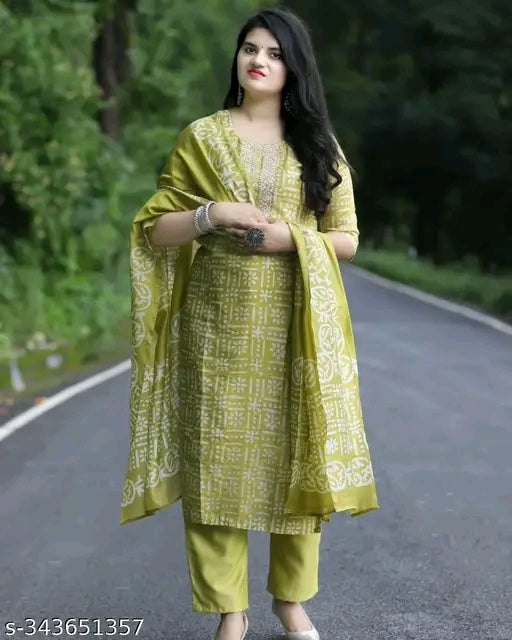 Embroidery Work Mehendi Green Kurti Pant with Dupatta set