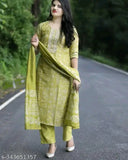 Embroidery Work Mehendi Green Kurti Pant with Dupatta set